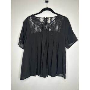 RVCA Black Sheer Blouse with Pleats and Lace